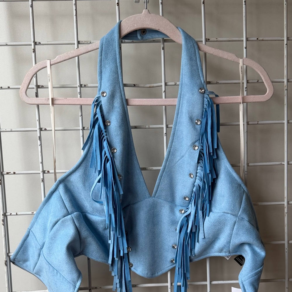 NWT F21 Light Blue Fringe Halter Crop Top Size small - Picture 3 of 5